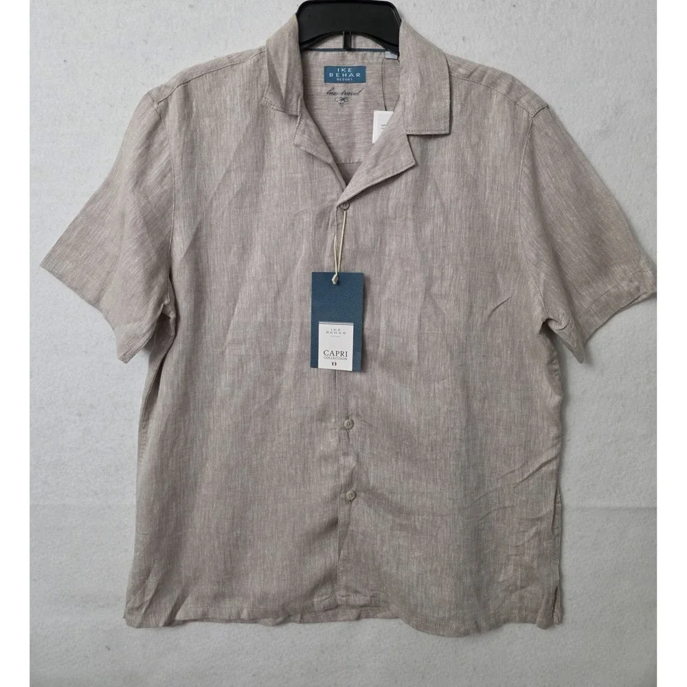 Ike Behar Taupe Color Linen Rayon Blend Button Down Shirt Size Small